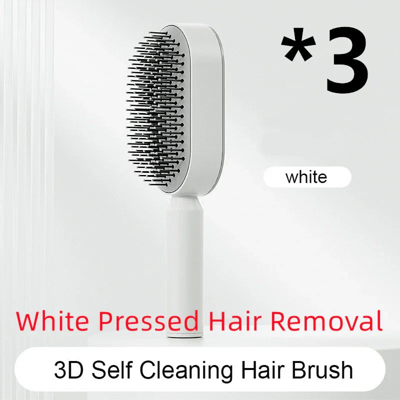 White 3D self-cleaning hair brush with pressed hair removal feature, shown upright against a light background.