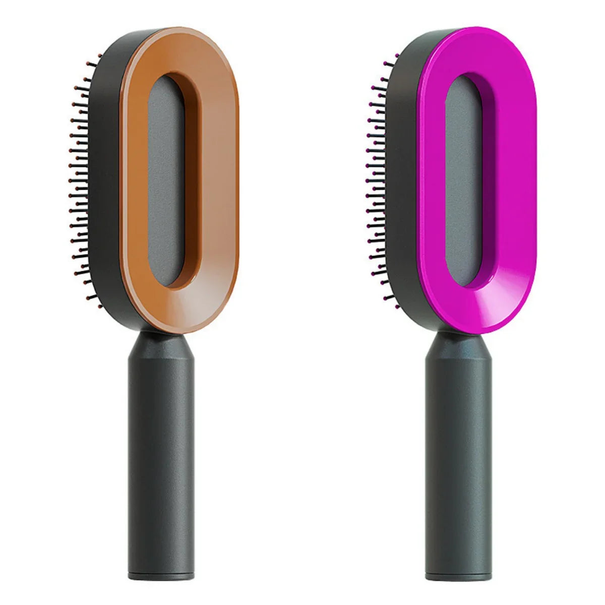 Two electric scalp massagers with ergonomic handles, one brown and one pink, upright