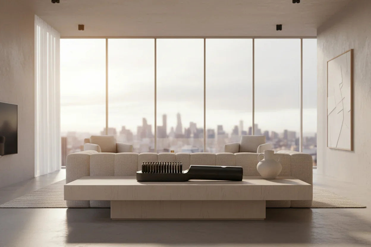 Electric scalp massager hairbrush on modern coffee table in bright living room with city view